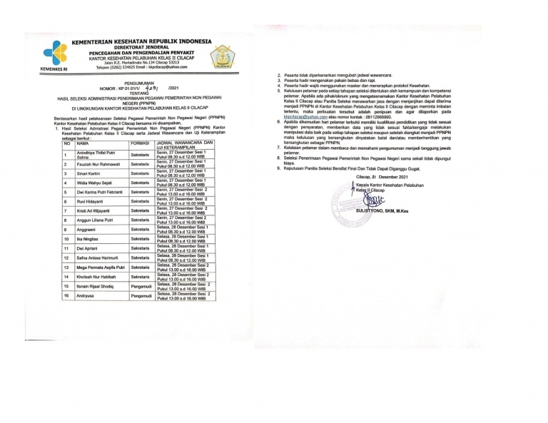 PENGUMUMAN HASIL  PENERIMAAN NON PNS