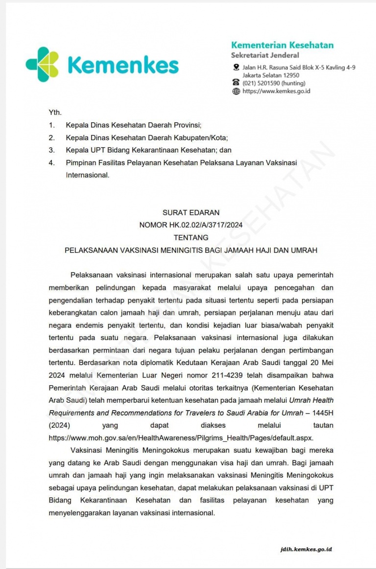 SURAT EDARAN PELAKSANAAN VAKSINASI MENINGITIS BAGI JAMAAH HAJI DAN UMRAH